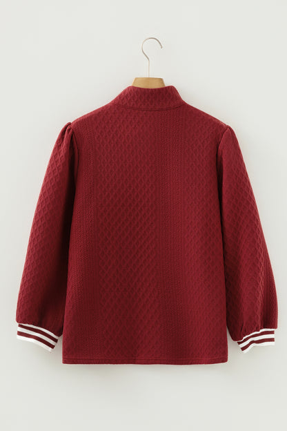 Stacey B's Racing Red Rhombus Textured Striped Patchwork Zip Neck Pullover Sweatshirt