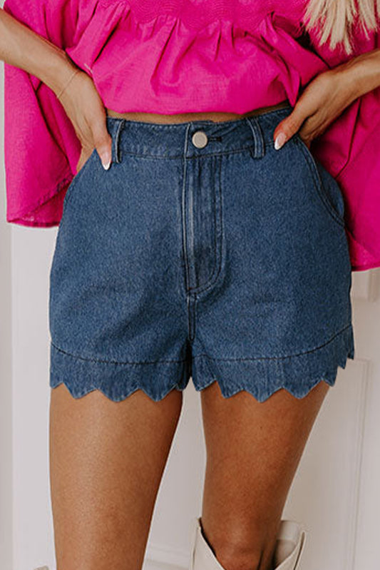 Stacey B's Sail Blue Scalloped Hemline Acid Wash High Waist Denim Shorts