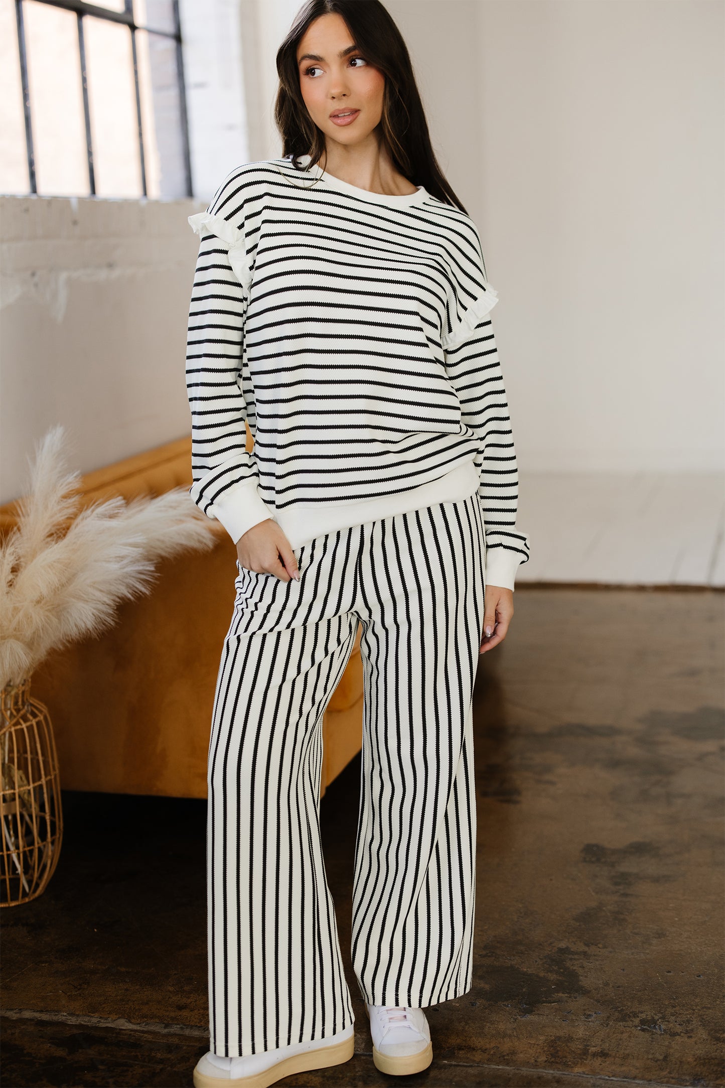 Stacey B's White Stripe Ruffle Trim Drop Shoulder Top Drawstring Loose Pant Set
