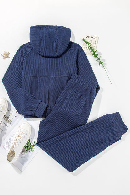 Stacey B's Navy Blue Ribbed Knit Cropped Hoodie and Drawstring Joggers Set