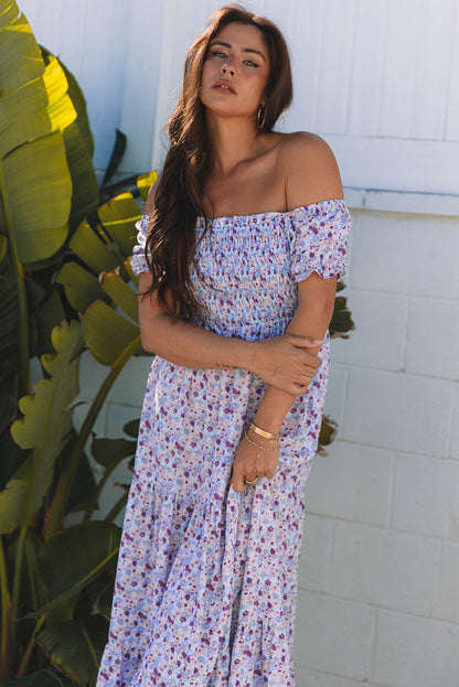 Stacey B's Purple Floral Short Bubble Sleeve Shirred High Waist Maxi Dress