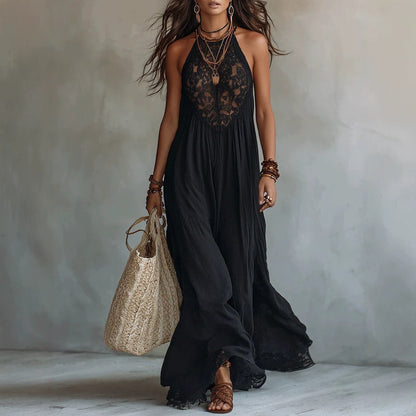 Style Black Lace Trim Sleeveless Long Dress Loose Vacation Style Maxi Dress Lace Dress