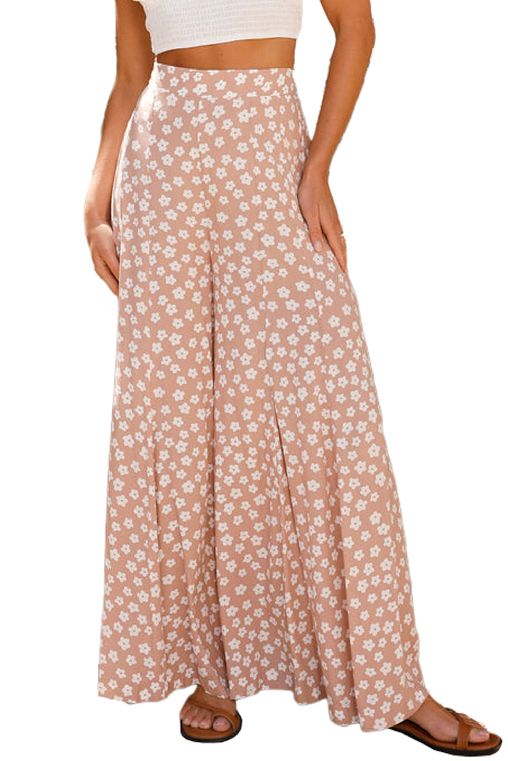 Stacey B's Khaki Boho Floral High Waist Wide Leg Flare Pants