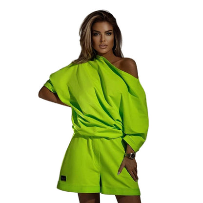 Stacey B's Fashionable Women's Hoodie Pants Set, One-Shoulder Wide Sleeve Loose Two-Piece Outfit