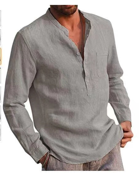 Stacey B's Men Four Seasons Leisure Long Sleeve Woven Flax Shirt