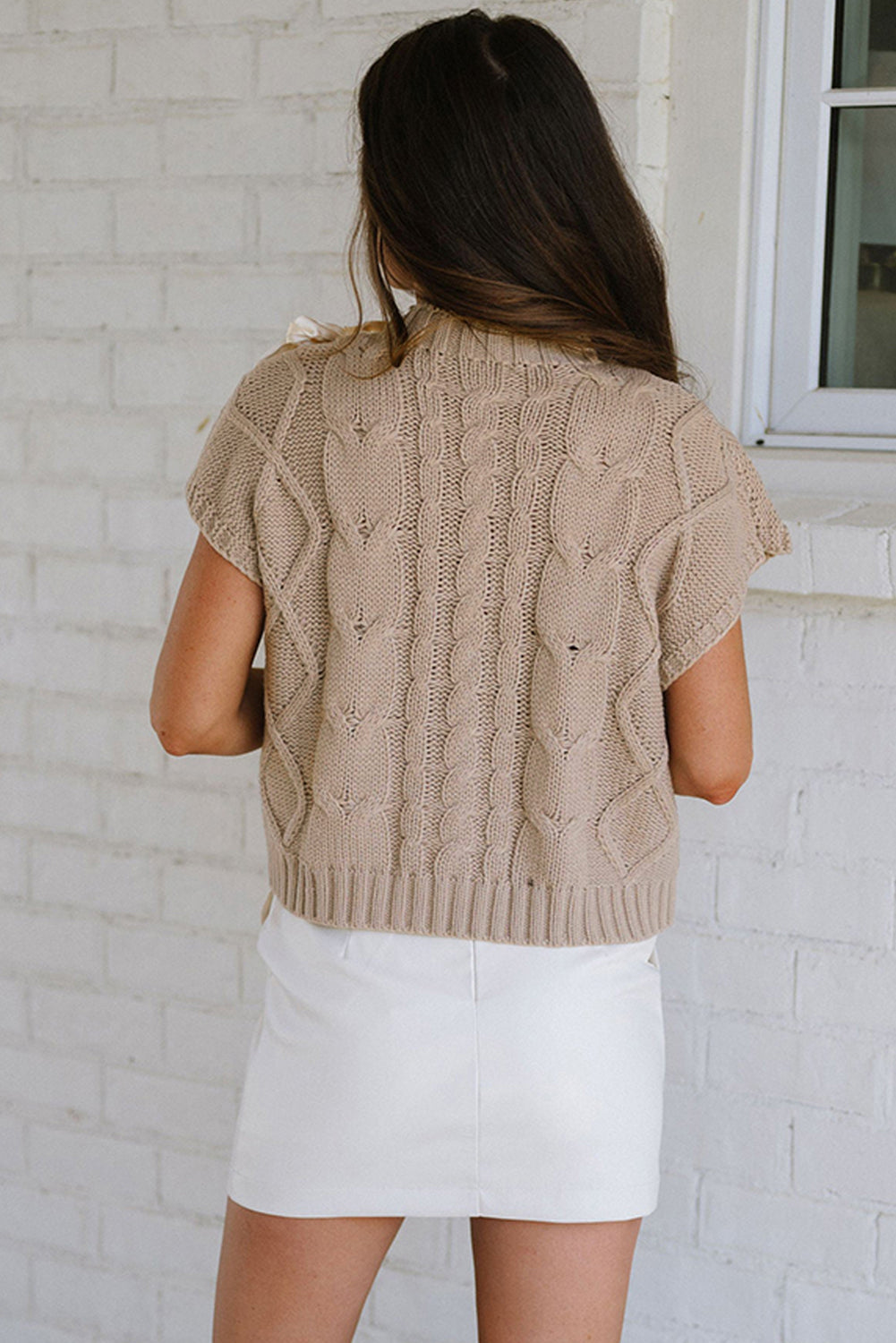 Stacey B's Simply Taupe Cable Knit Colorblock Satin Bowknot Short Sleeve Sweater