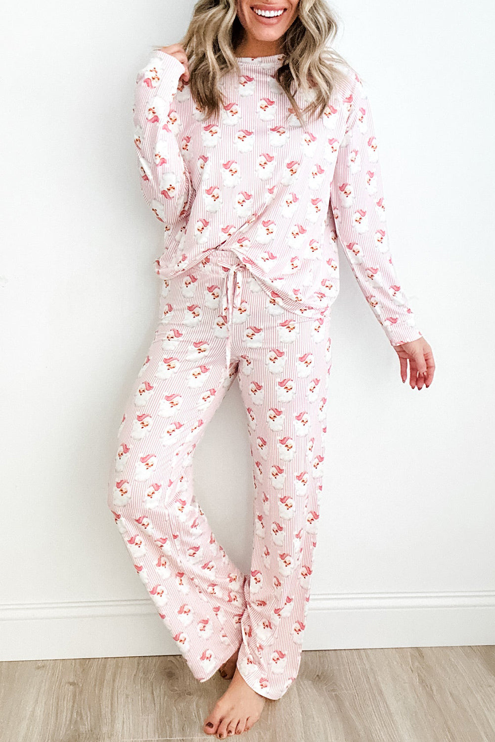 Stacey B's Pink Santa Claus Striped Print Loose Fit Two Piece Loungewear Set