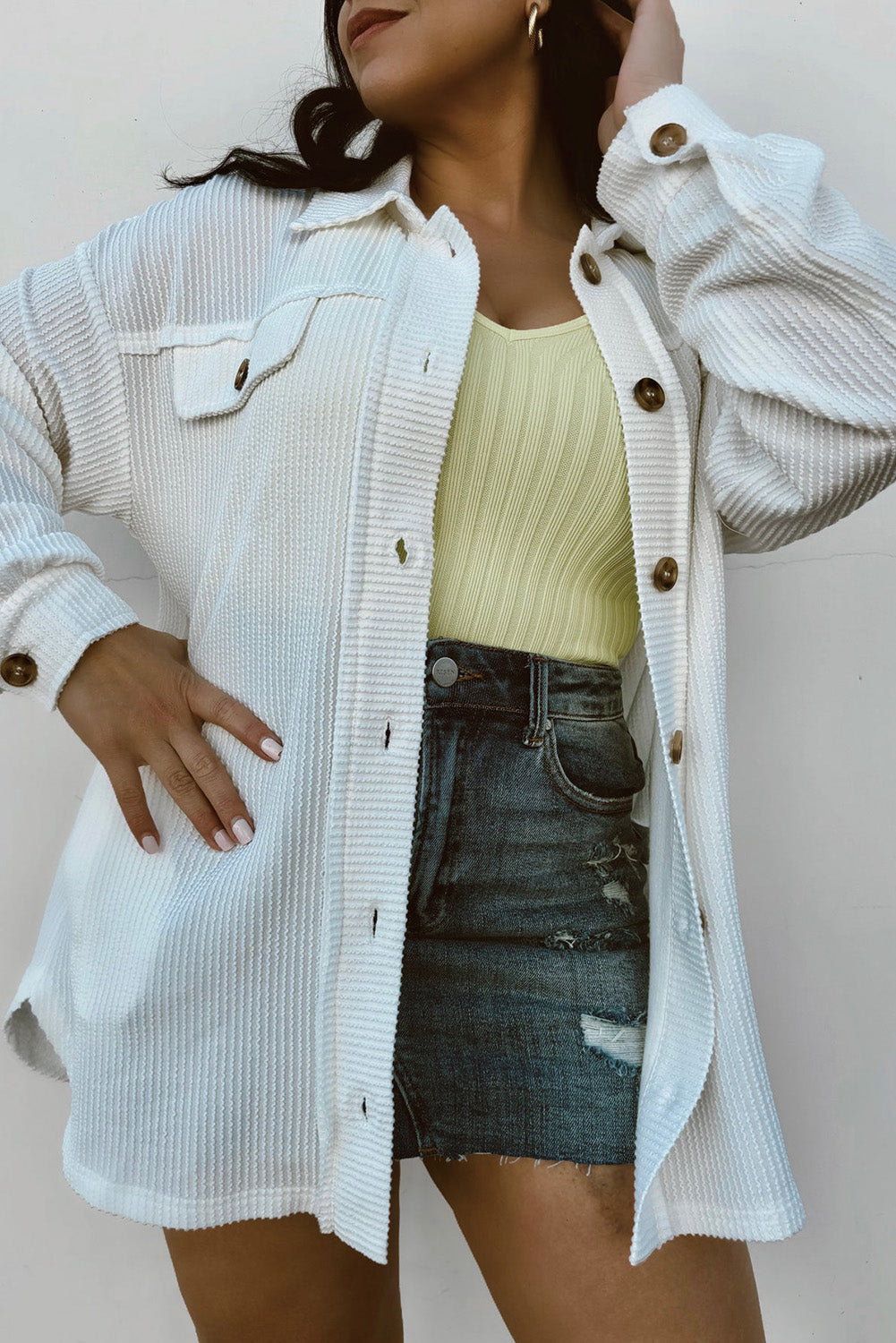 Stacey B's White Solid Corded Drop Shoulder Plus Size Shacket