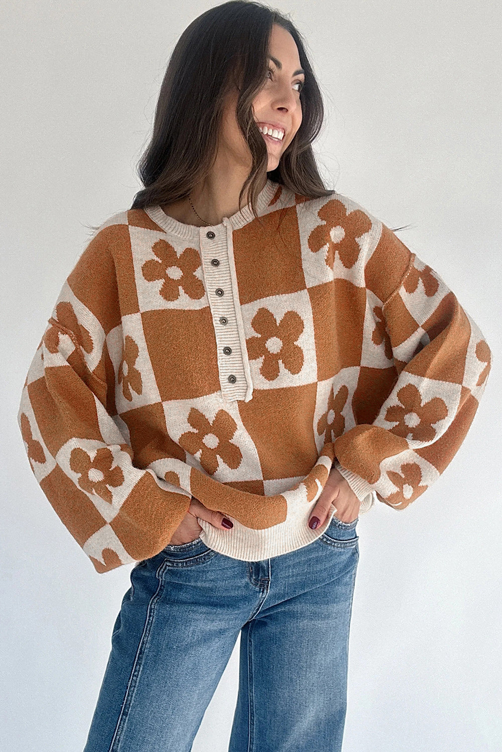 Stacey B's Black Flower Colorblock Checkered Henley Sweater
