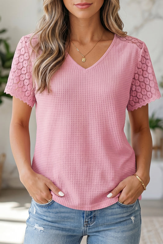 Stacey B's Pink Lace Splicing Button Cutout V Neck Waffle Knit Blouse