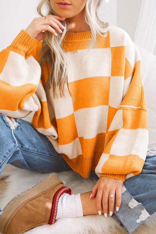 Stacey B's Orange Checkered Bishop Sleeve Sweater