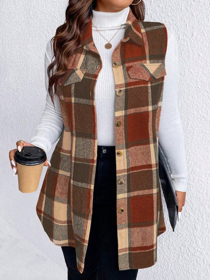 Stacey B's Honey Plus Size Pocketed Plaid Button Up Vest Coat