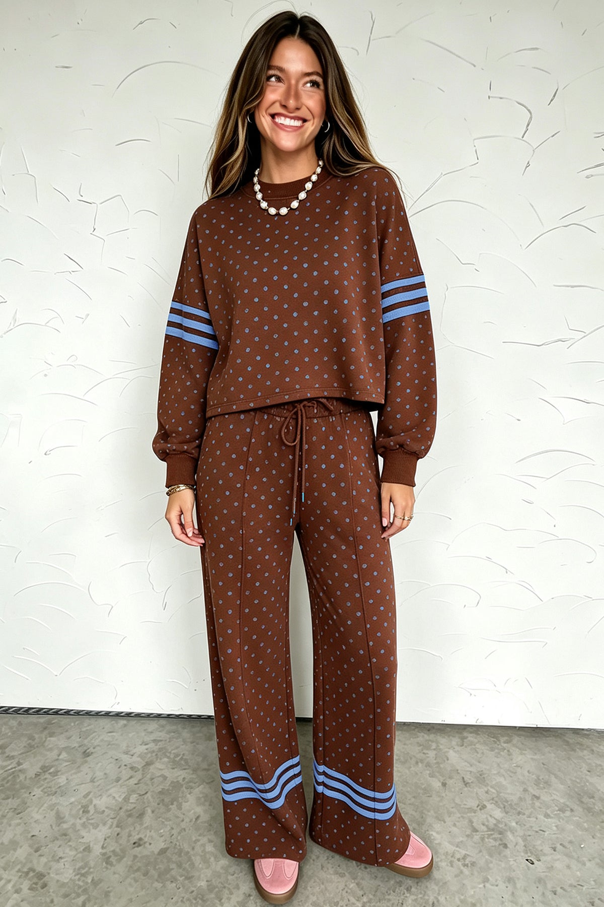 Stacey  B's Brown Polka Dot Print Colorblock Stripes Detail Relaxed 2pcs Pant Set