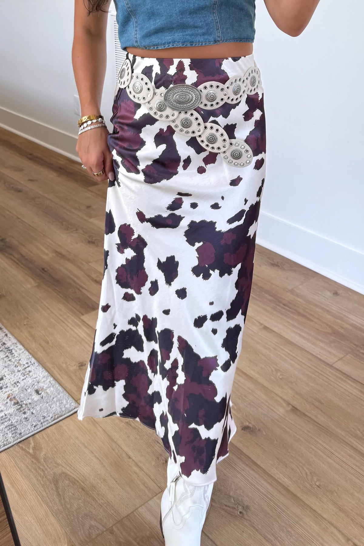 Stacey  B's Brown Abstract Print Western Long Metal Zip-Up Waist Daily Wear Skirt