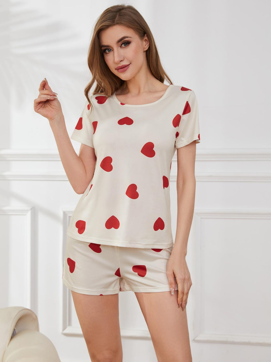 Stacey B's Heart Round Neck Top and Shorts Lounge Set