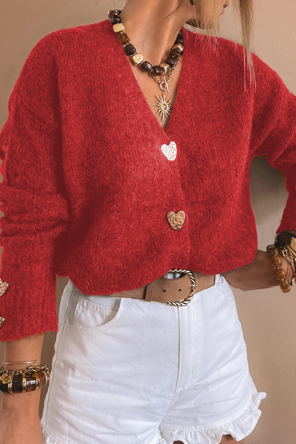 Stacey B's Fiery Red Heart Metal Button V Neck Cardigan Sweater