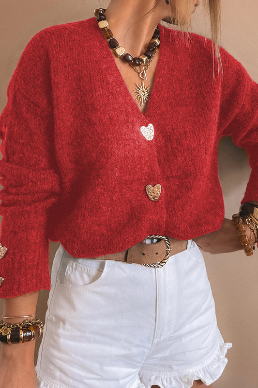 Stacey B's Fiery Red Heart Metal Button V Neck Cardigan Sweater