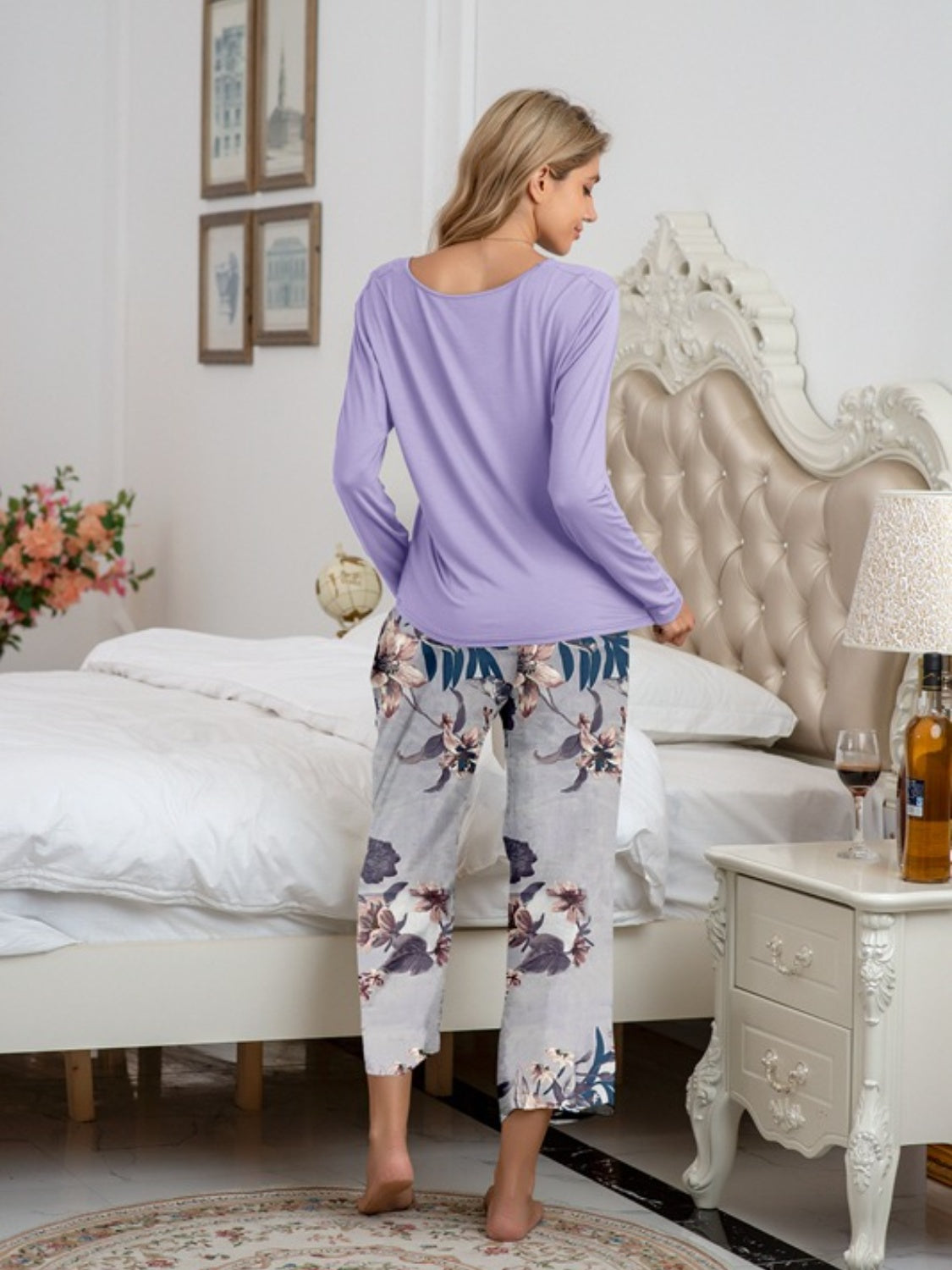 Stacey B's Round Neck Top and Printed Pants Lounge Set