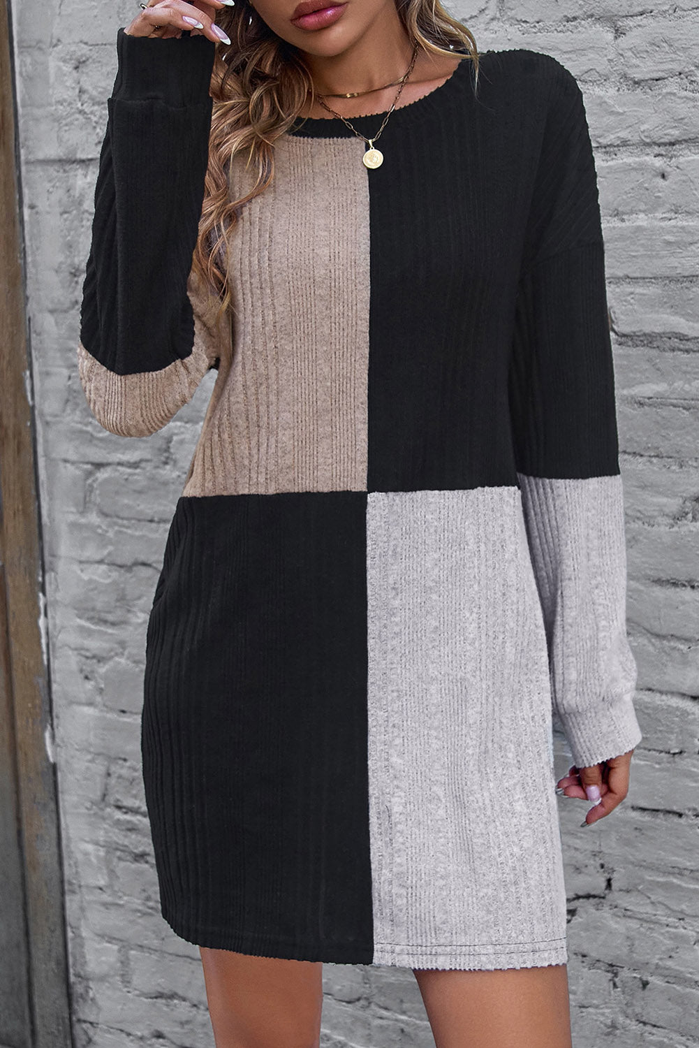 Stacey B's  Ribbed Color Block Drop Shoulder Long Sleeve Mini Dress