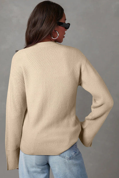 Stacey B's Parchment Solid Textured Knit Split Cuff Drop Shoulder Loose Sweater