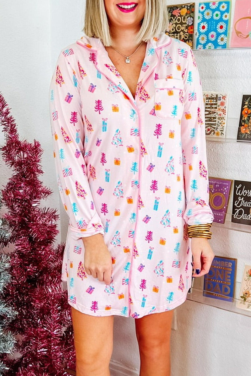 Stacey B's Pink Christmas Twinkle Tree Print Shirt Sleep Dress