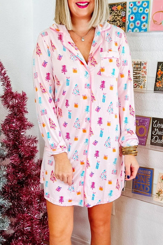 Stacey B's Pink Christmas Twinkle Tree Print Shirt Sleep Dress