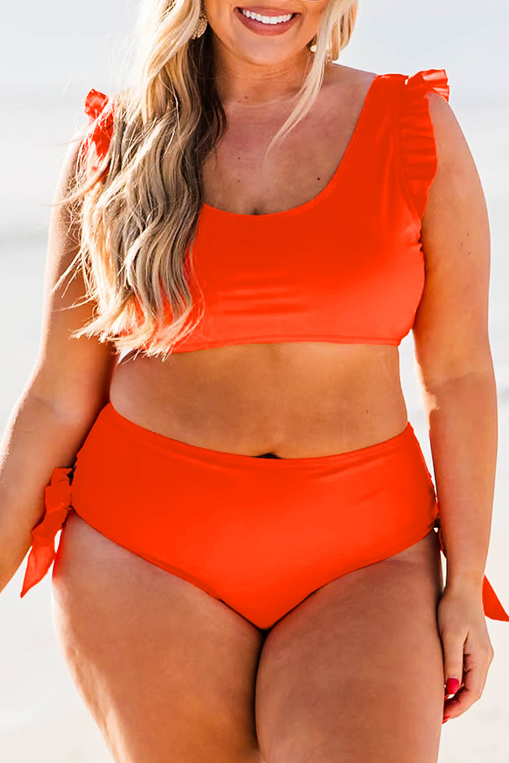 Stacey B's Orange Ruffled Trim Knotted High Waist Plus Size Bikini Set