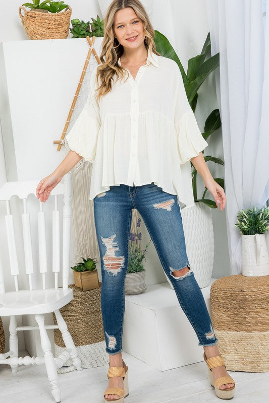 Stacey B's Plus Solid  Button Down Blouse