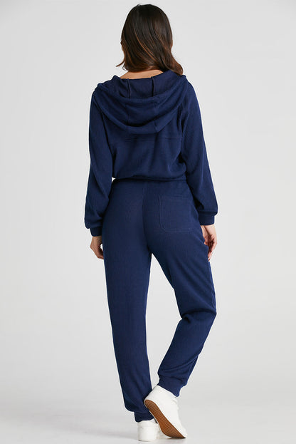 Stacey B's Navy Blue Ribbed Knit Cropped Hoodie and Drawstring Joggers Set