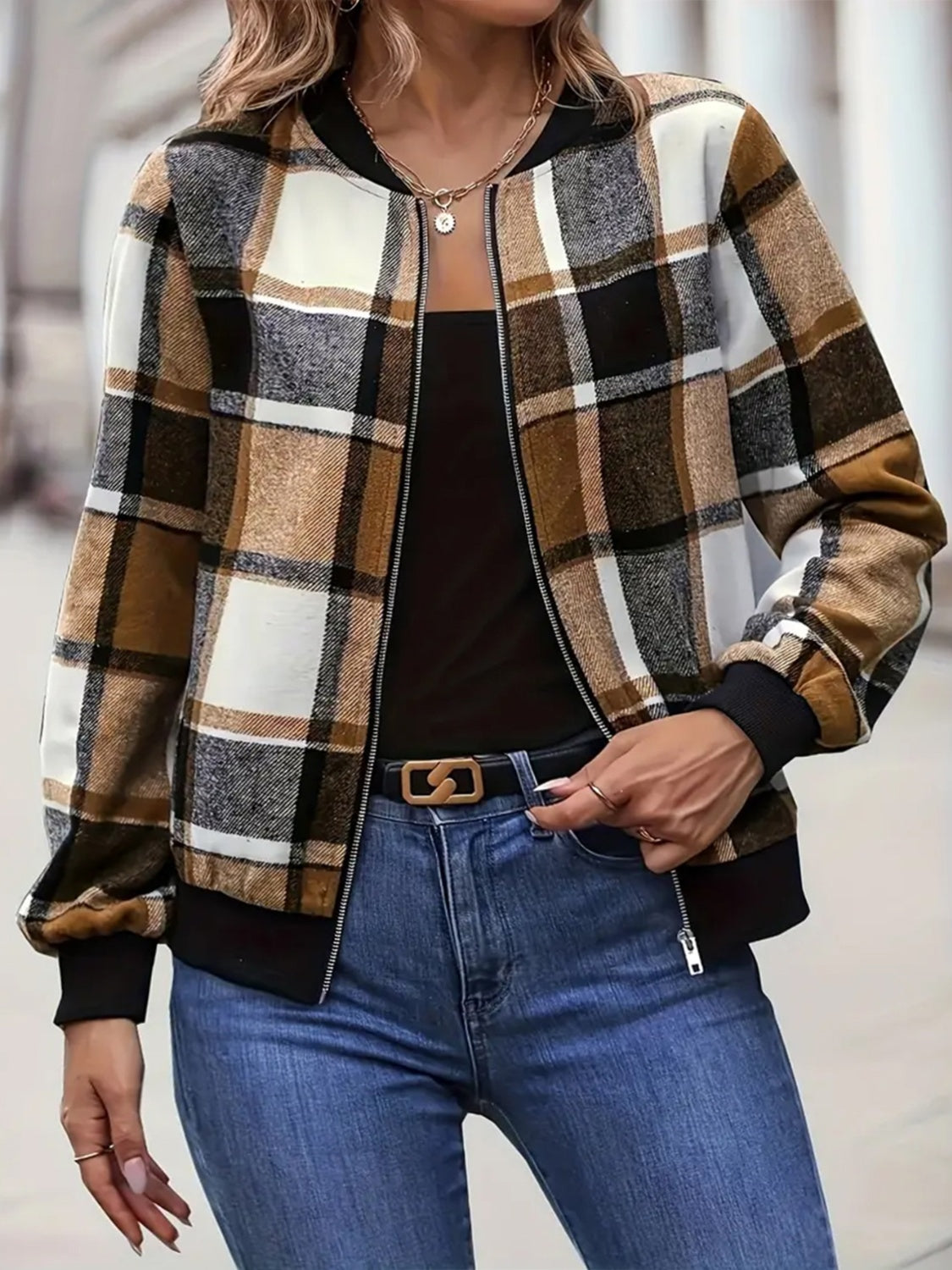 Stacey B's  Plaid Baseball Collar Zip Up Jacket