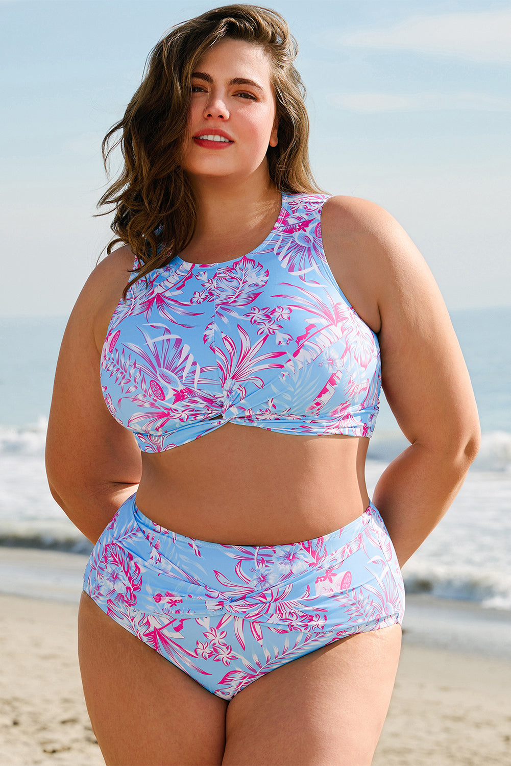 Stacey B's Sky Blue Plus Size Floral Print Twisted High Waist Bikini Set