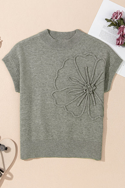 Stacey B's High Flower Pattern Ribbed Trim Short Sleeve Boxy Sweater