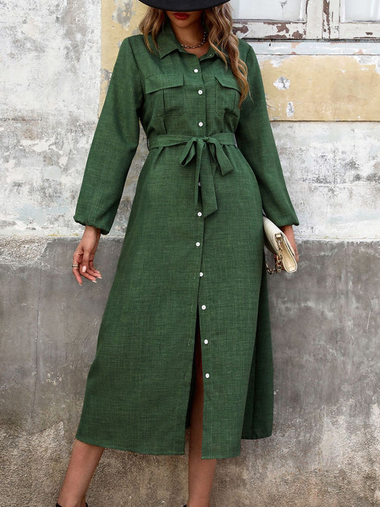 Stacey B's Collared Neck Long Sleeve Midi Shirt Dress