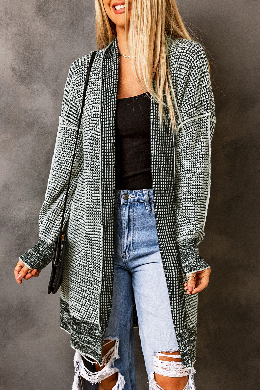 Stacey B's Gray Plaid Knitted Long Open Front Cardigan