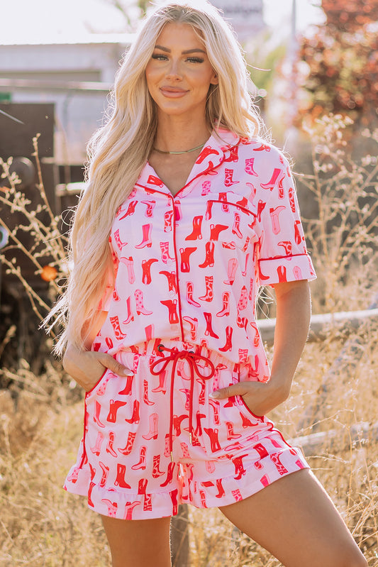 Stacey B's Pink Western Cowgirl Boots Printed Shirt Ruffled Shorts Pajama Set