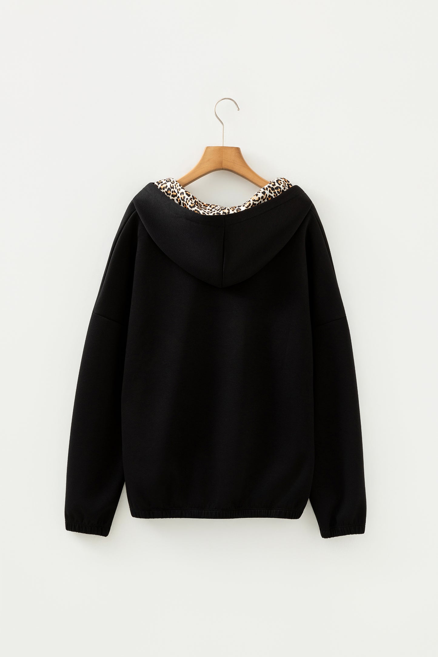 Stacey B's Black Leopard Contrast Drawstring Hood Drop Shoulder Loose Top