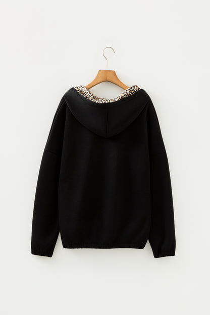 Stacey B's Black Leopard Contrast Drawstring Hood Drop Shoulder Loose Top