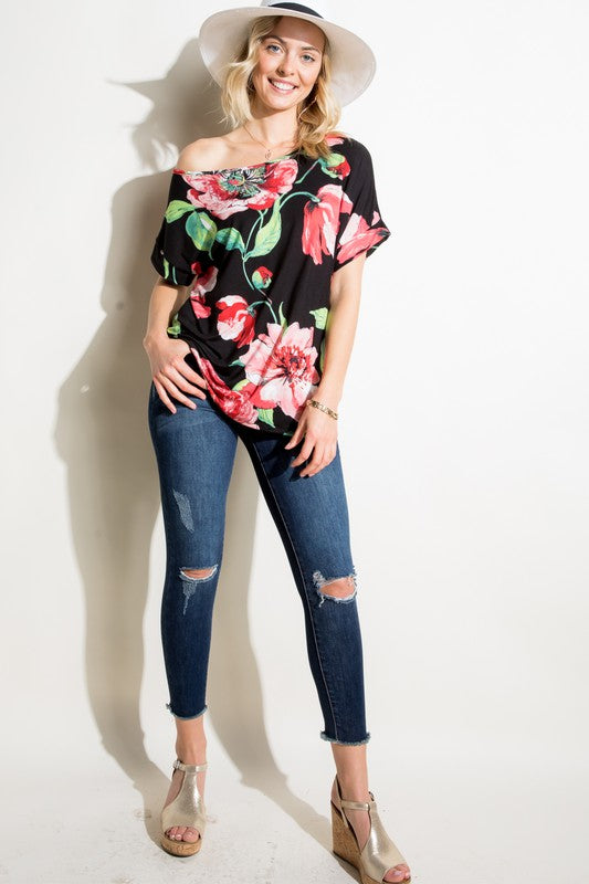 Stacey B's Plus Floral  One Shoulder Boxy Top