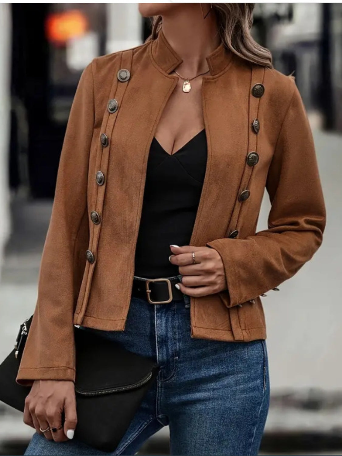 Stacey B's Decorative Button Open Front Long Sleeve Jacket