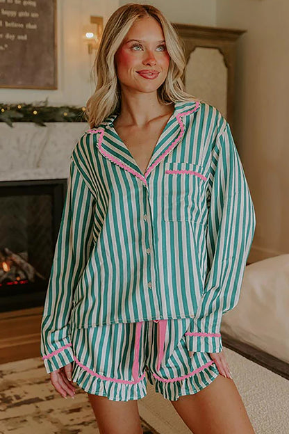 Stacey B's Green Stripe Contrast Ricrac Trim Long Sleeve Shirt Drawstring Ruffled Pajama Short Set