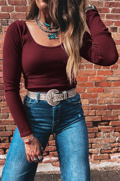 Stacey B's Coffee Ribbed Solid Color U Neck Cropped Long Sleeve Top