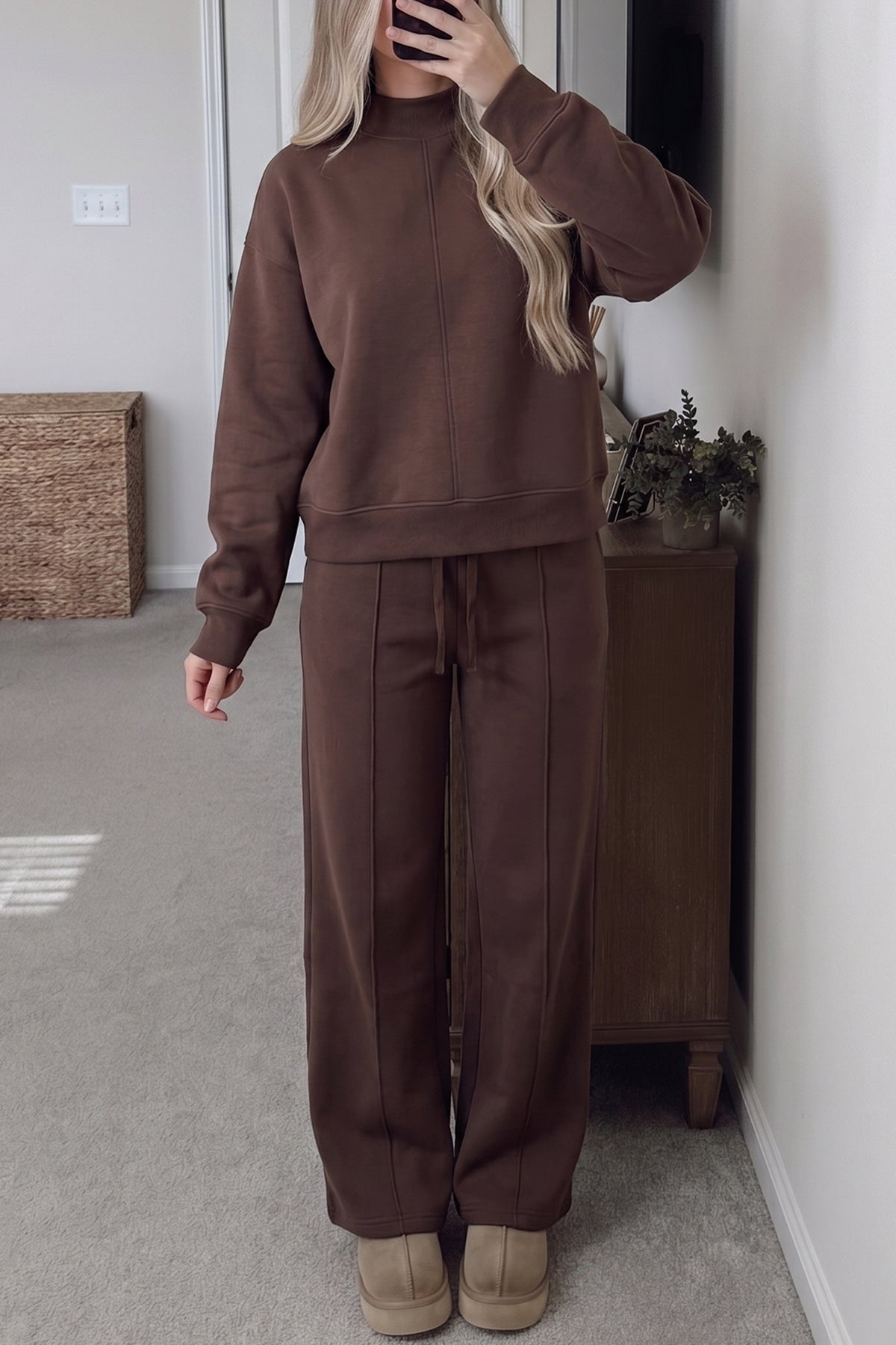 Stacey B's Coffee Solid Color Piping Trim Mock Neck Pullover Drawstring Pants Set