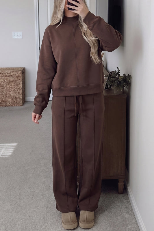 Stacey B's Coffee Solid Color Piping Trim Mock Neck Pullover Drawstring Pants Set