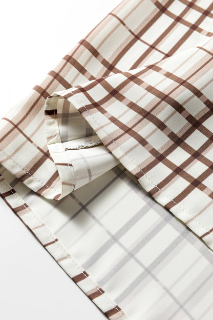 Stacey B's White Plaid Print Frilled Puffy Half Sleeve Blouse