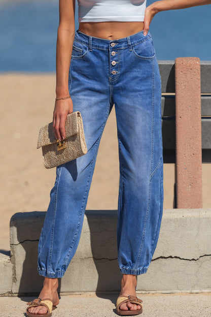 Stacey B's Blue 4 Buttons Front Tapered Casual Loose Fit Jeans