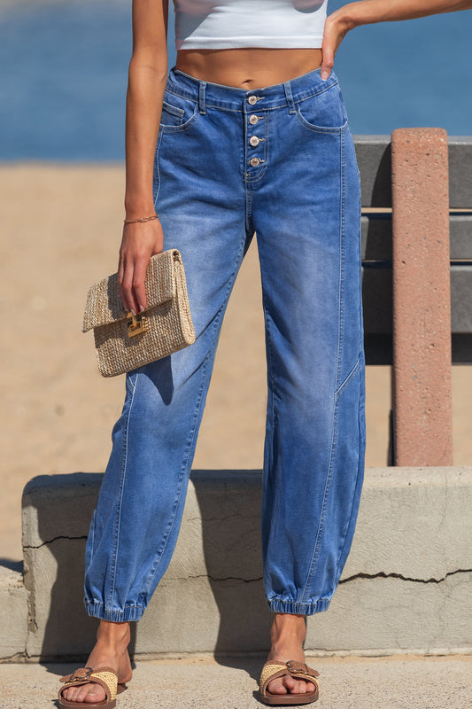 Stacey B's Blue 4 Buttons Front Tapered Casual Loose Fit Jeans