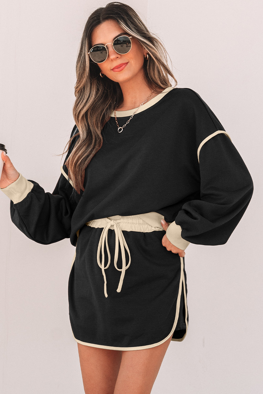 Stacey B's Black Color Contrast Loose Pullover and Lace-up Waist Skort Set