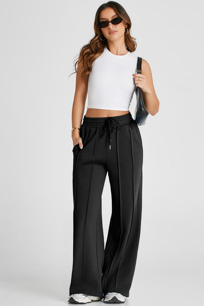 Stacey B's Black Seamed Drawstring High Waist Wide Leg Sweatpants