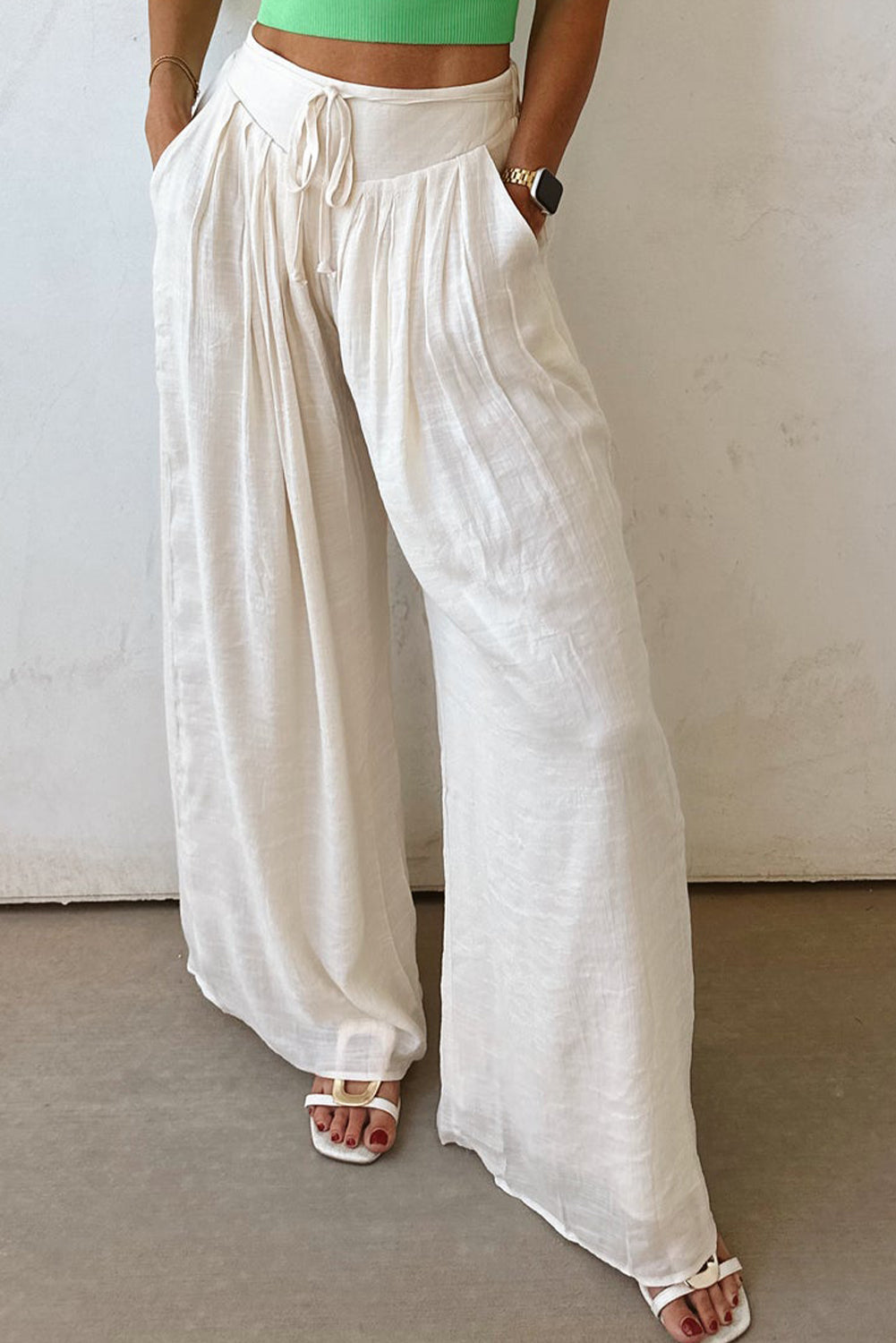 Stacey B's White Casual Tie Waist Pleated Wide Leg Pants