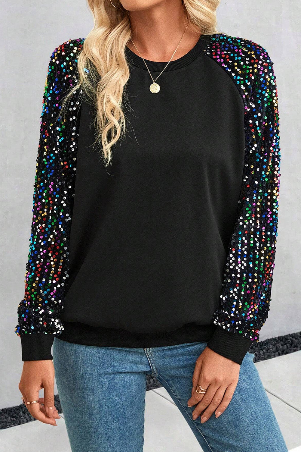 Stacey B's Black Sequin Raglan Sleeve Crewneck Pullover Sweatshirt